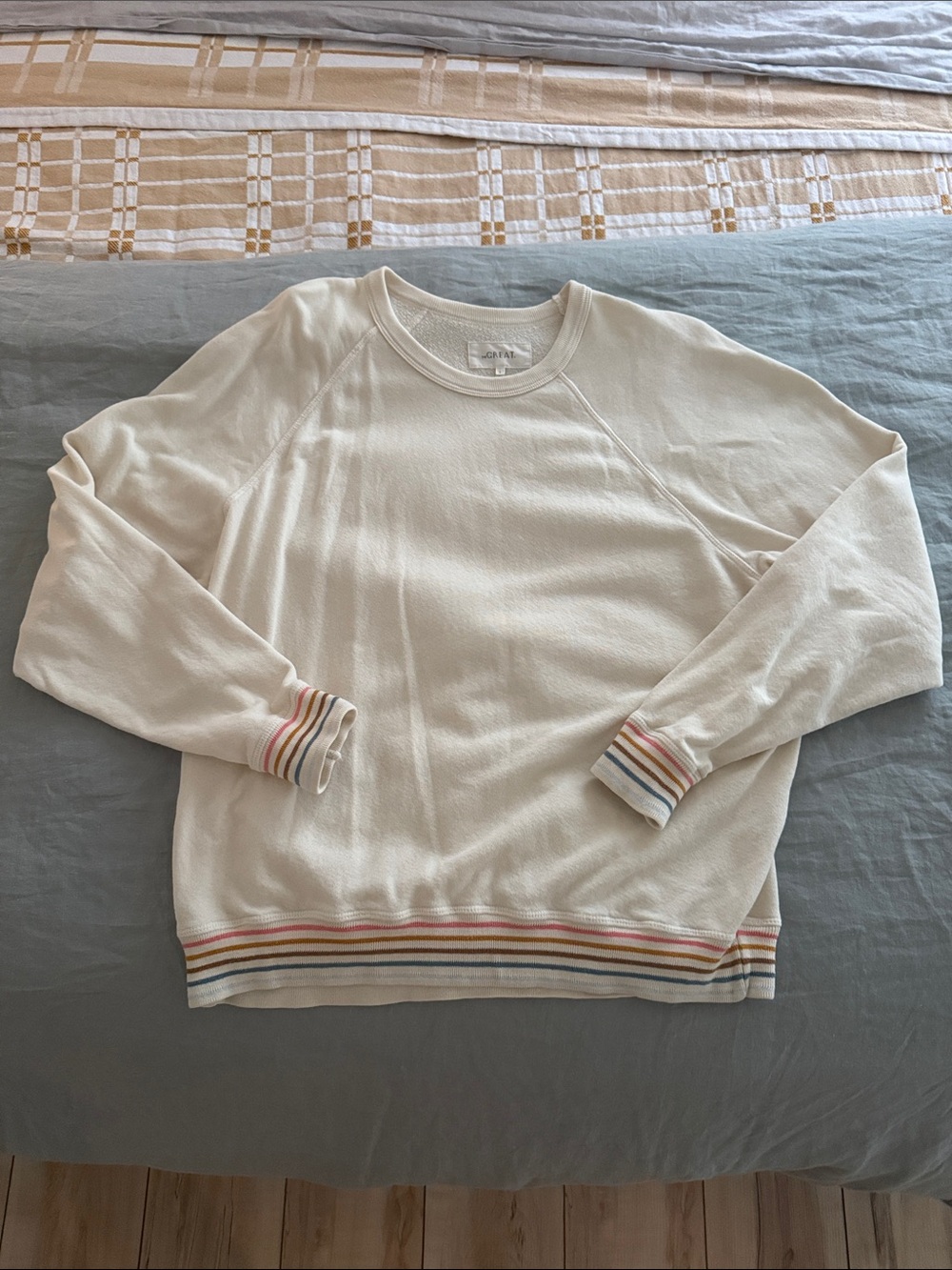 THE GREAT. Cream Crewneck Sweater with Rainbow Stripe Trim